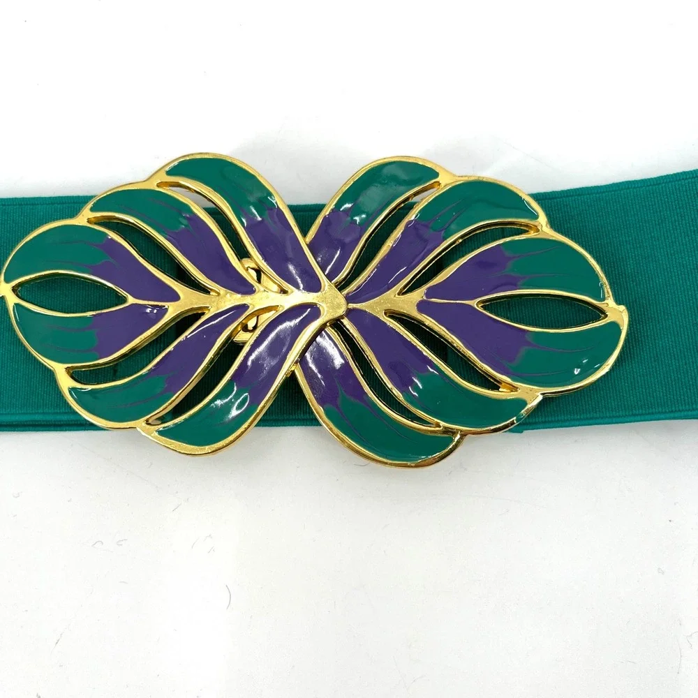 Vintage Enamel Elastic Belt Gold Leaf Purple Green Size M/L Rockabilly Retro